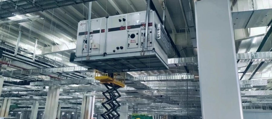FAW Bestune plant — ceiling-mounted AHUs in assembly workshop