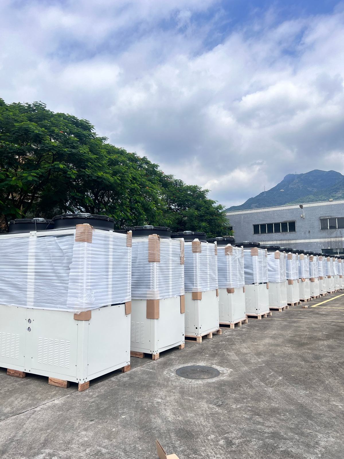 Packaged units staged outdoors, ready for shipment